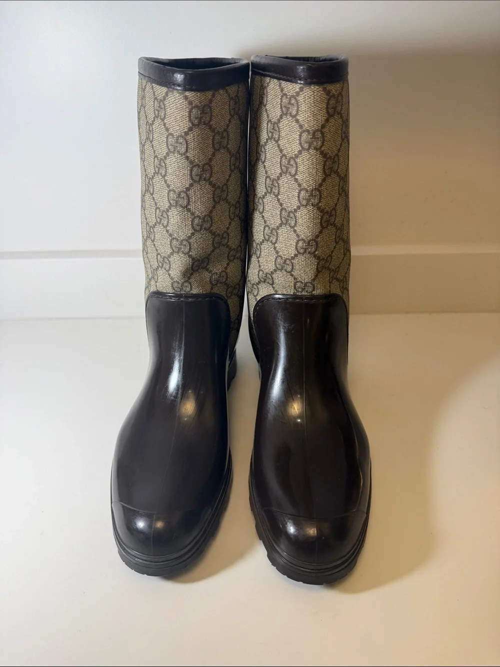 Authentic Gucci Brown and Beige GG Monogram Rain Boots - Size 37 (US Size 6.5)